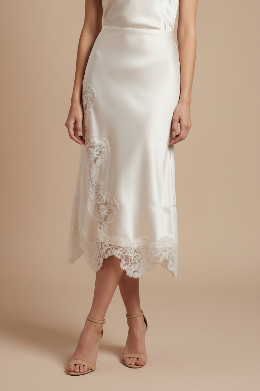 MID WAISTED LACE TRIM DETAIL BIAS MIDI SKIRT