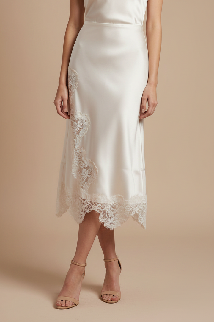 MID WAISTED LACE TRIM DETAIL BIAS MIDI SKIRT
