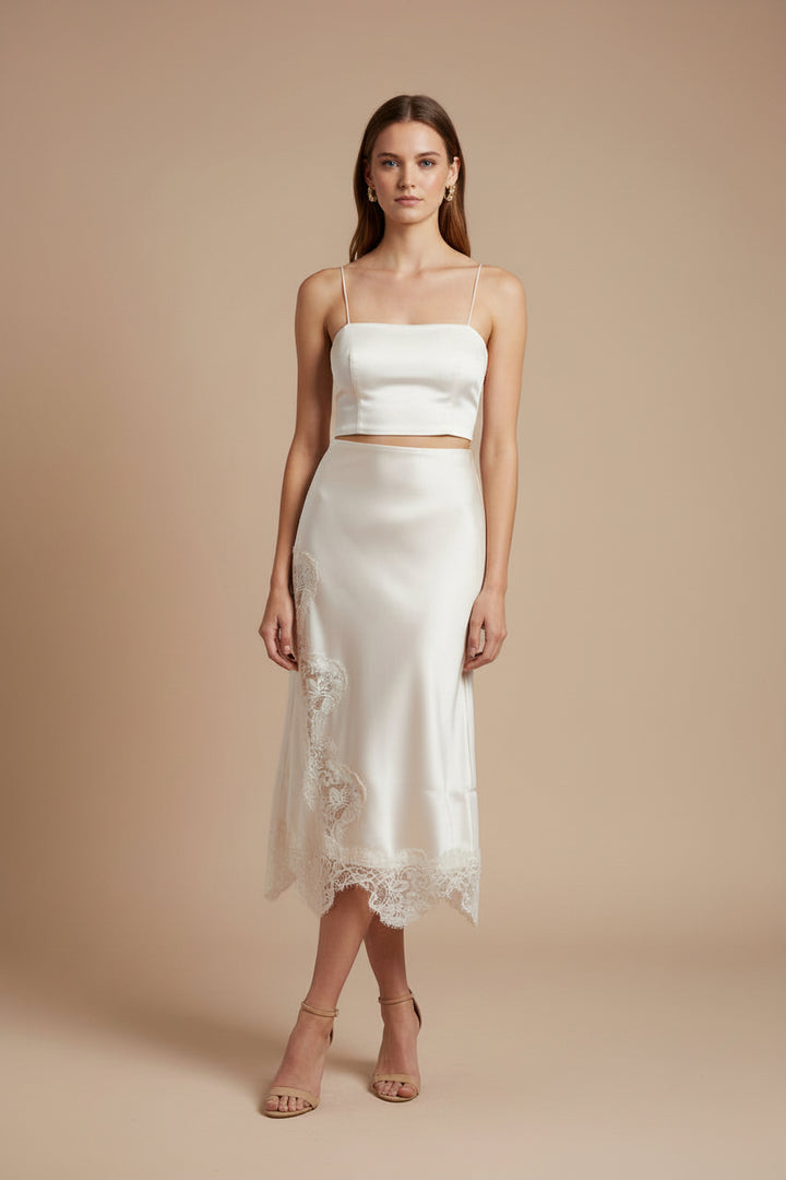 MID WAISTED LACE TRIM DETAIL BIAS MIDI SKIRT