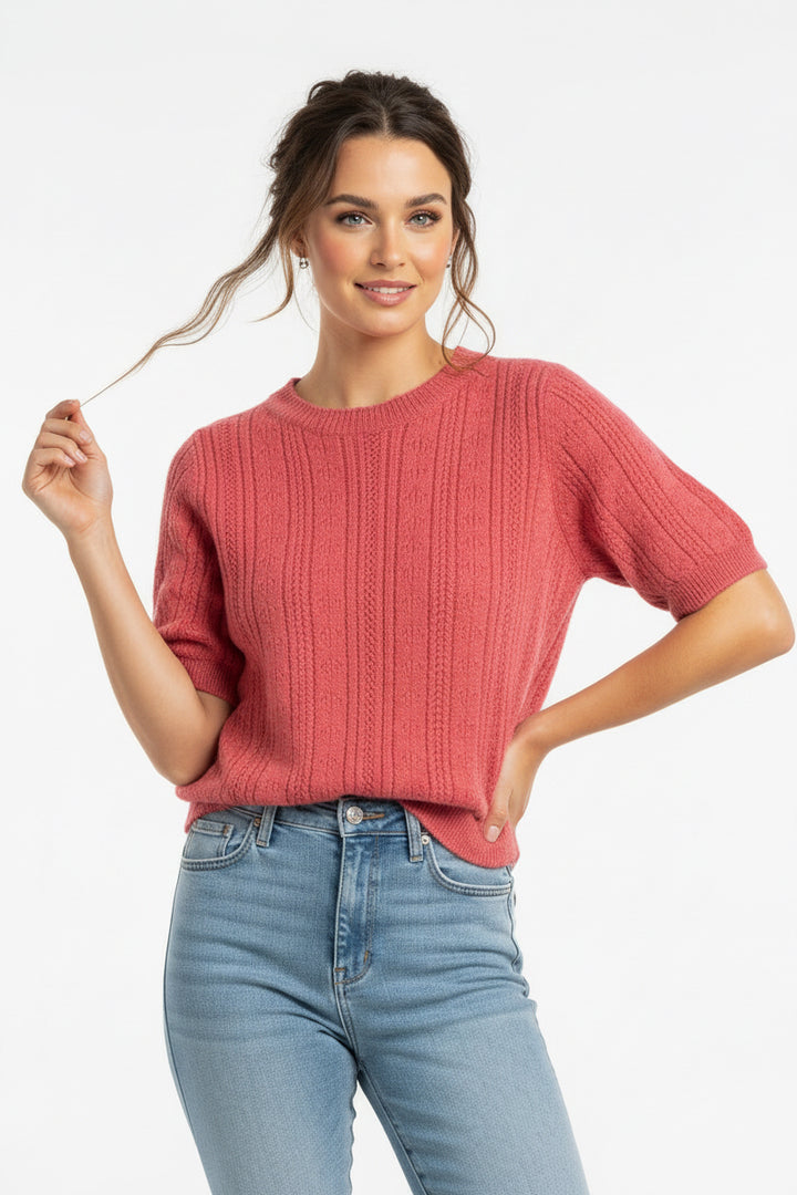 KNIT TEXTURE SHORT SLEEVE SWEATER