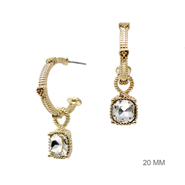 RIBBED 1" HOOP WITH CLEAR CRYSTAL STONE EARRING
