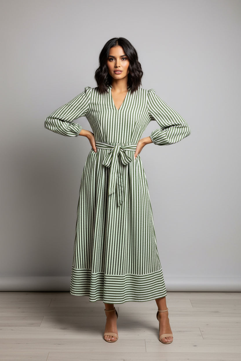 LONG SLEEVE V NECK WOVEN STRIPE MAXI DRESS WITH SELF TIE BELT AND POCKETS