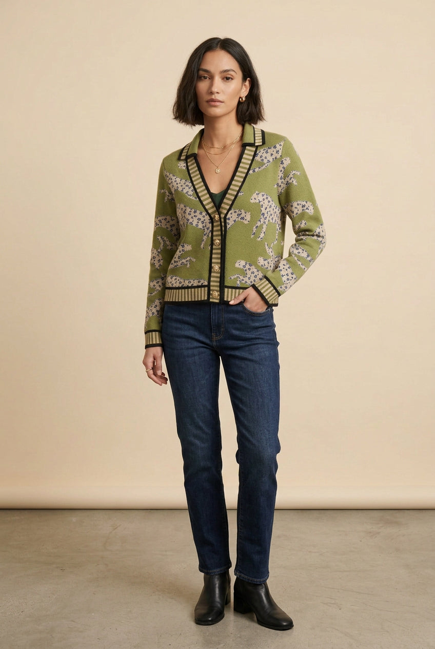 CHEETACH PRINT BUTTON DOWN V-NECK CARDIGAN