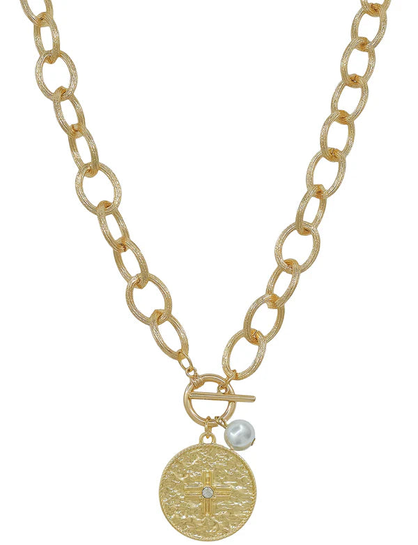 GOLD HAMMERED COIN TOGGLE NECKLACE