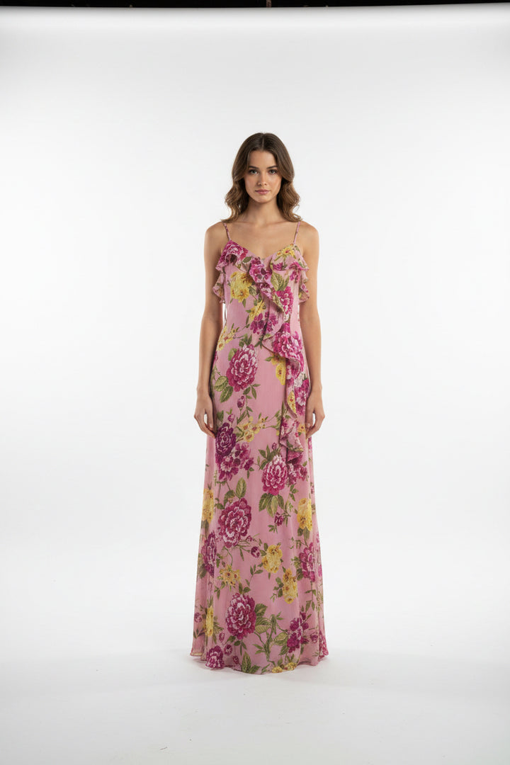 RUFFLE DETAIL THIN STRAP MAXI DRESS