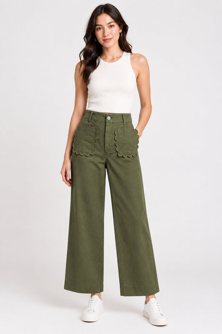 COLETTE CROPPED SCALLOP POCKET DETAIL WIDE-LEG PANTS