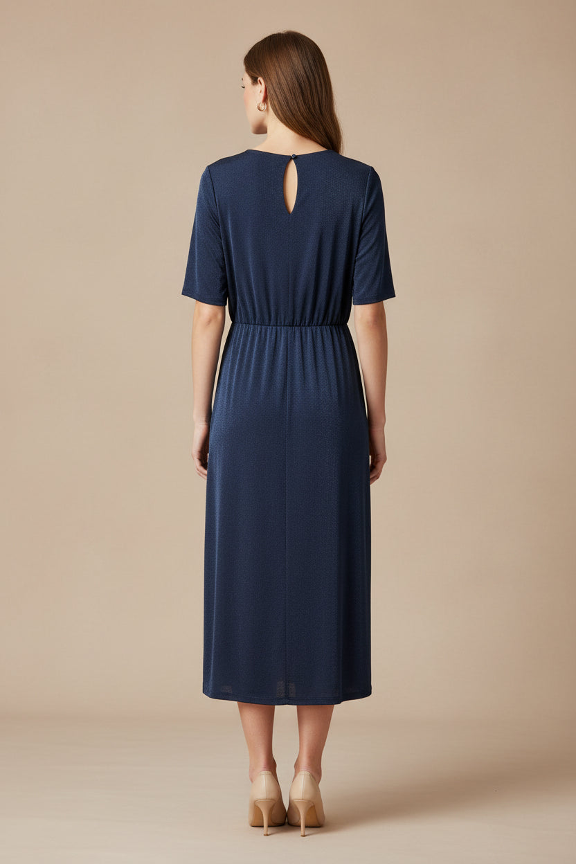 ROUND NECK ELBOW SLEEVE BLOUSON FAUZ WRAP KNEE LENGTH DRESS