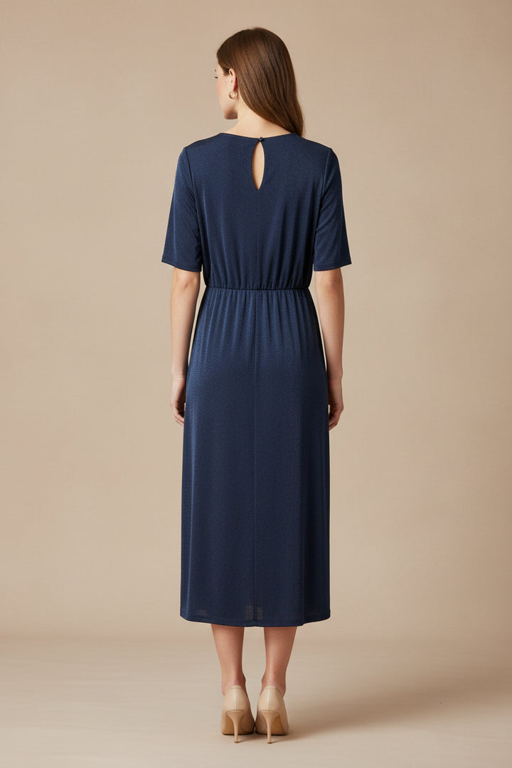 ROUND NECK ELBOW SLEEVE BLOUSON FAUZ WRAP KNEE LENGTH DRESS