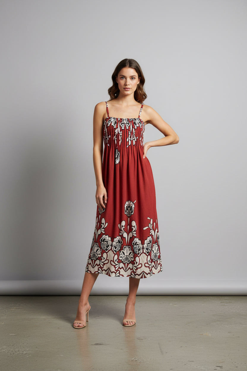 SPAGETTI STRAP WITH PLEATED BODICE MIDI DRESS
