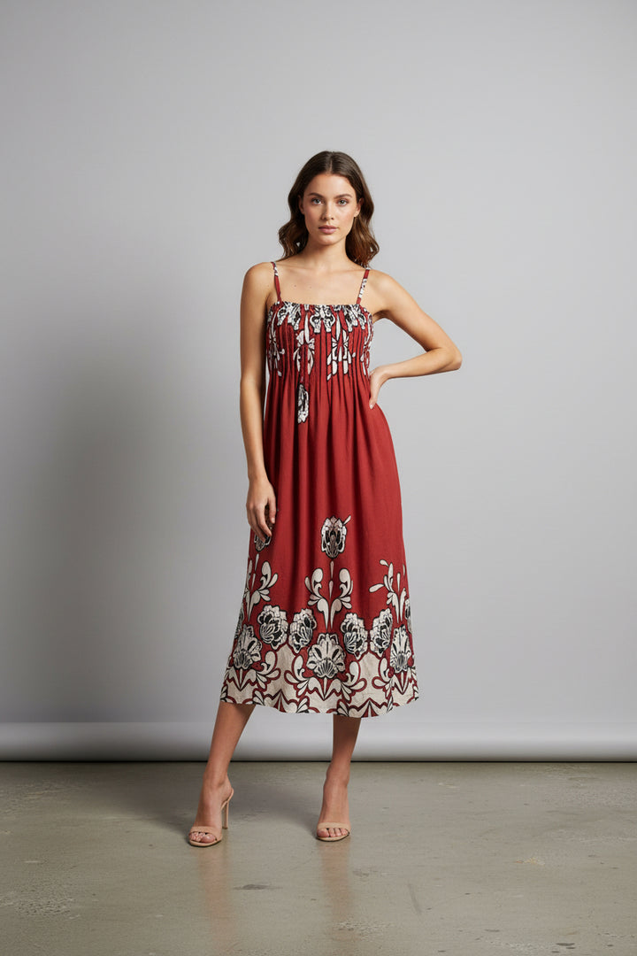 SPAGETTI STRAP WITH PLEATED BODICE MIDI DRESS