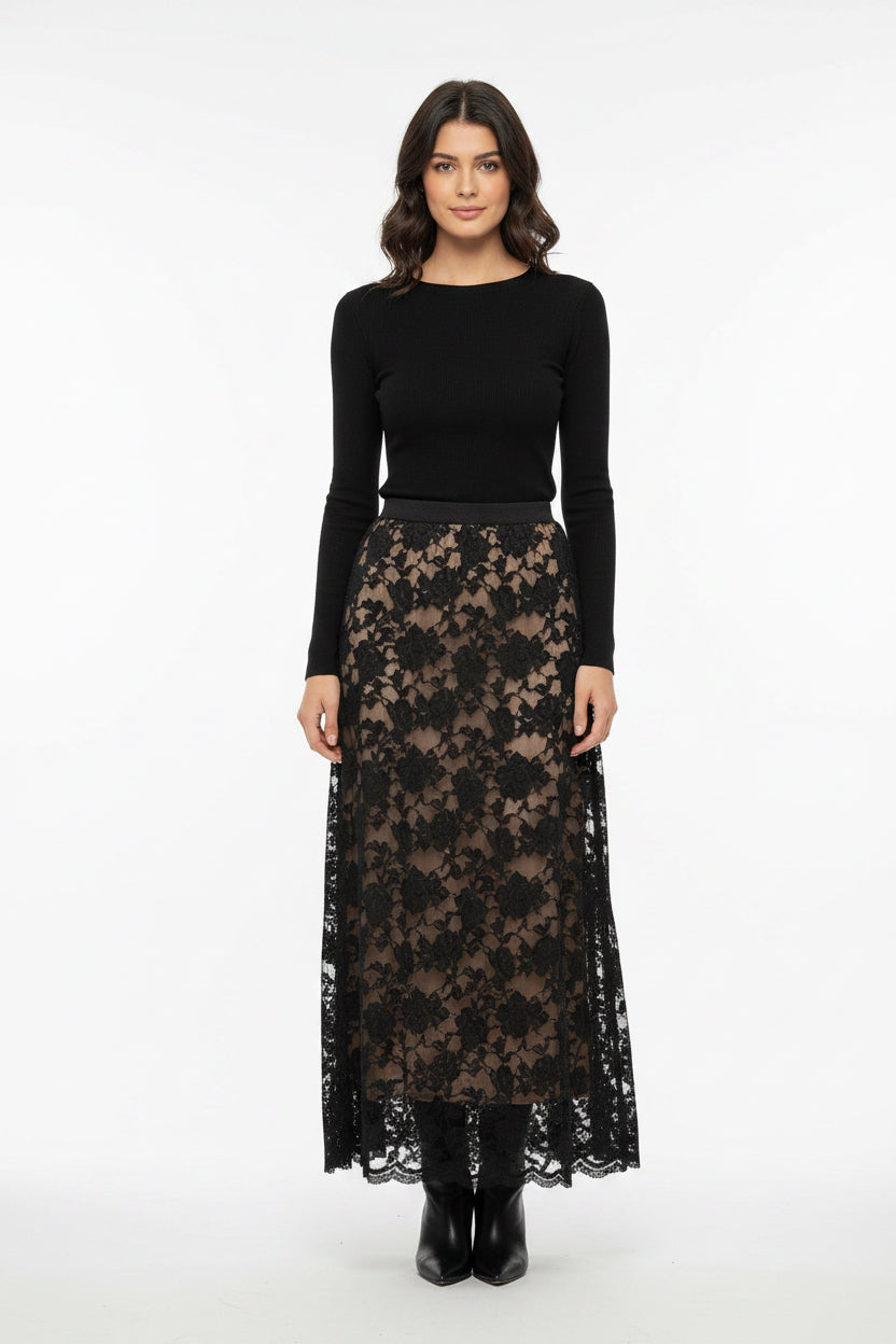 SOLID WOVEN LACE CIRCLE SKIRT WITH BACK ZIPPER CLOSURE