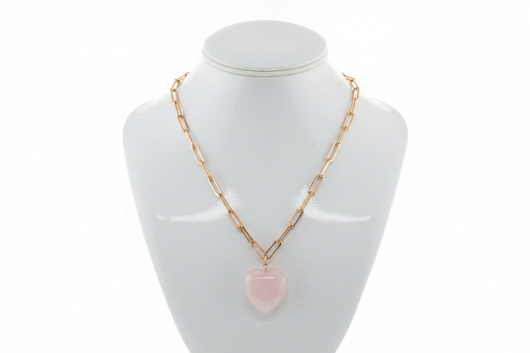 GOLD PAPERCLIP CHAIN NECKLACE WITH HEART STONE
