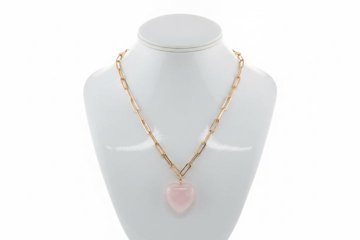 GOLD PAPERCLIP CHAIN NECKLACE WITH HEART STONE