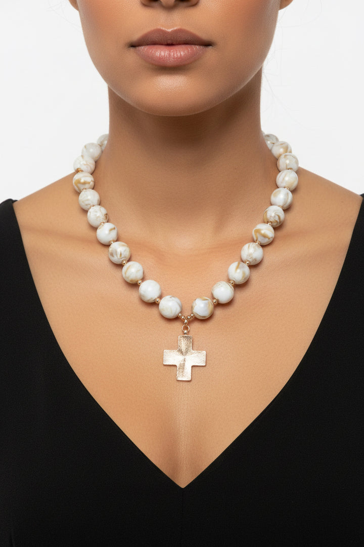 20MM BEADED WITH HAMMER GOLD CROSS MAGNETIC CLOSURE NECKLACE
