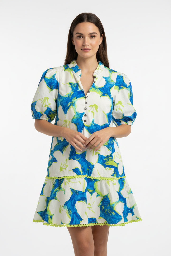 1/4 BUTTON UP MINI DRESS WITH PUFF SLEEVES