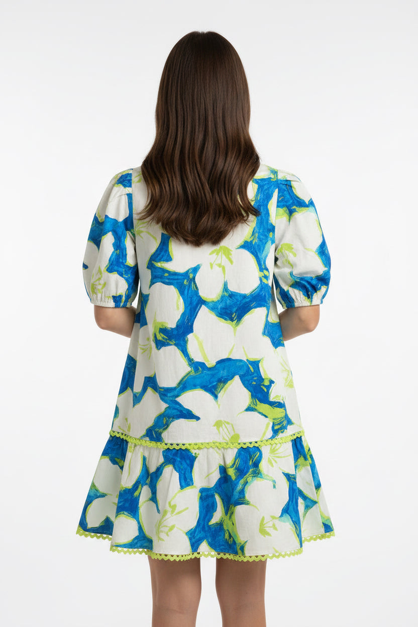 1/4 BUTTON UP MINI DRESS WITH PUFF SLEEVES