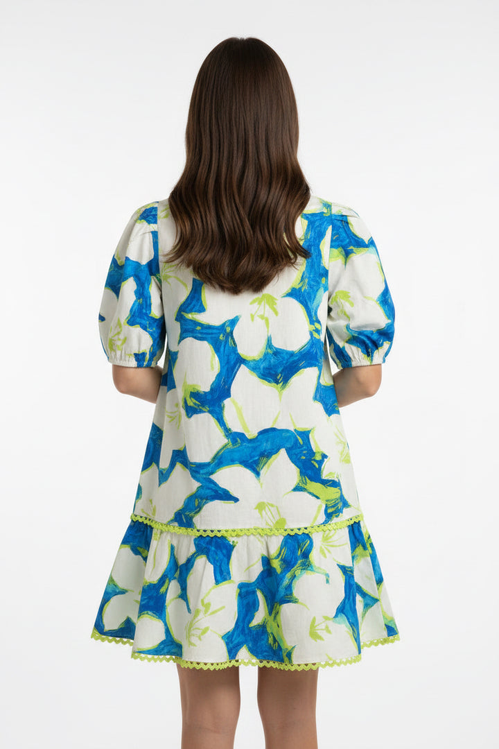 1/4 BUTTON UP MINI DRESS WITH PUFF SLEEVES