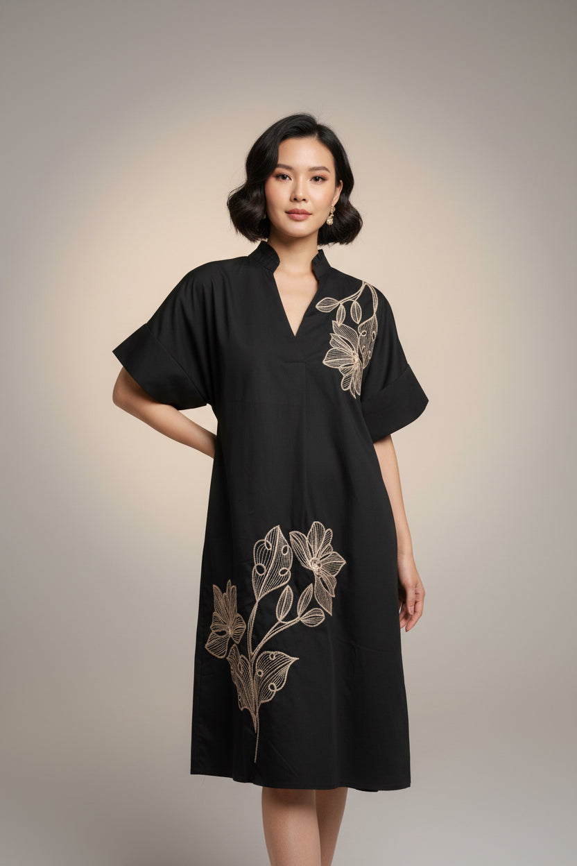 EMBROIDERY FLORAL COLLARED SHORT DRESS