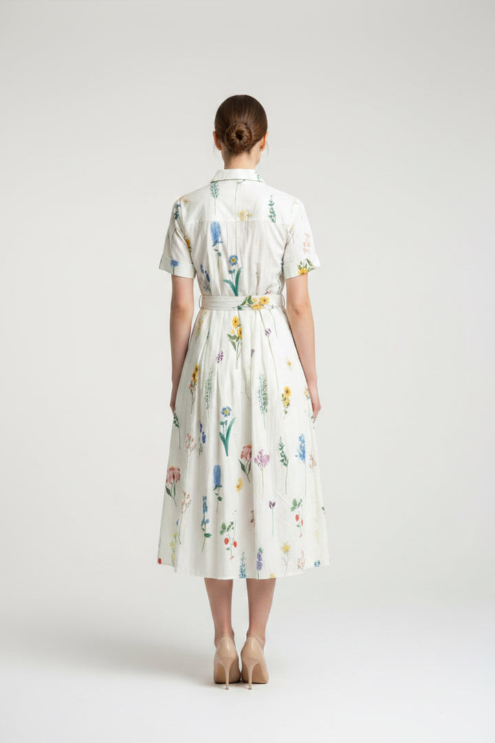COLLARED BUTTON DOWN BELTED FLORAL MIDI DRESS