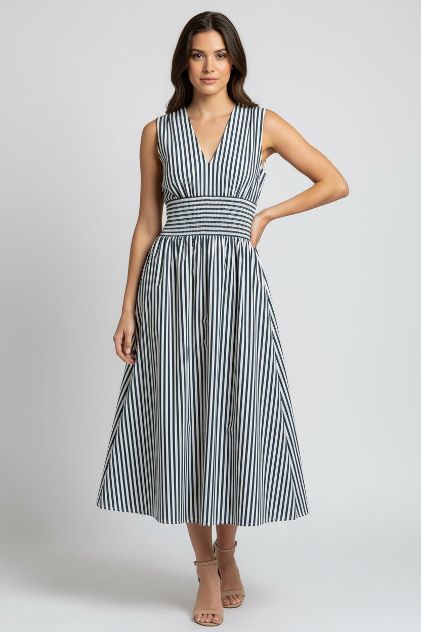 SLEEVELESS VERTICAL STRIPES ZIPPERED DRESS