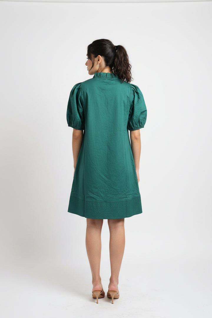 PUFF SLEEVE V-NECK WITH BUTTONS DRESS