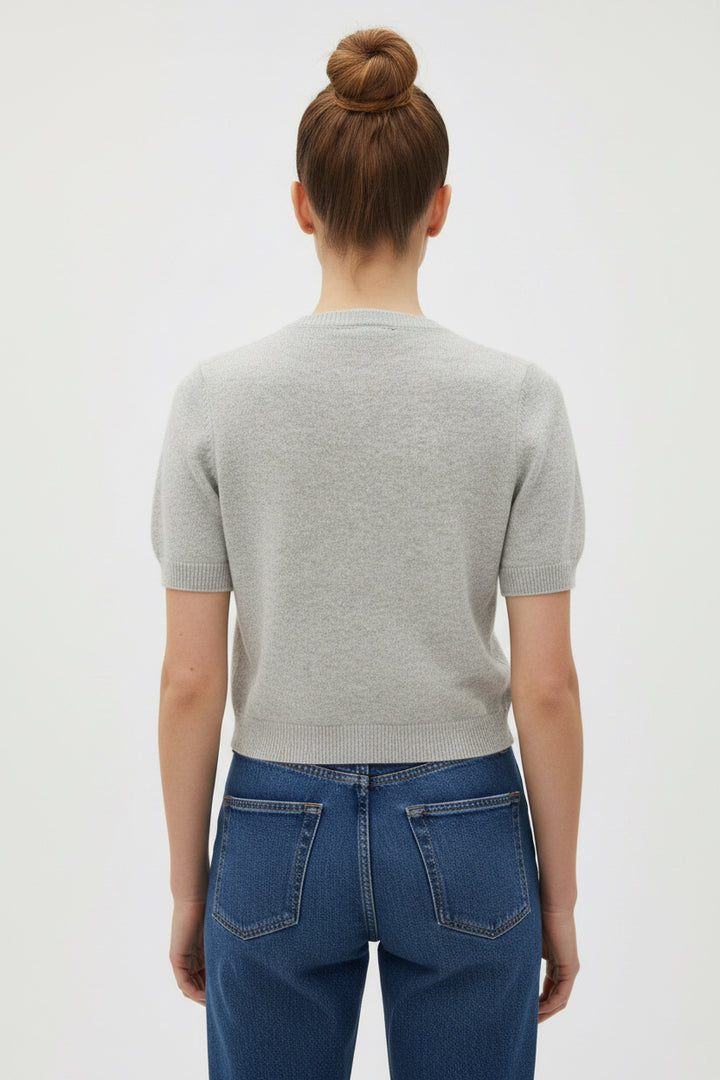 SHORT SLEEVE CREW NECK CROP SWEATER TOP
