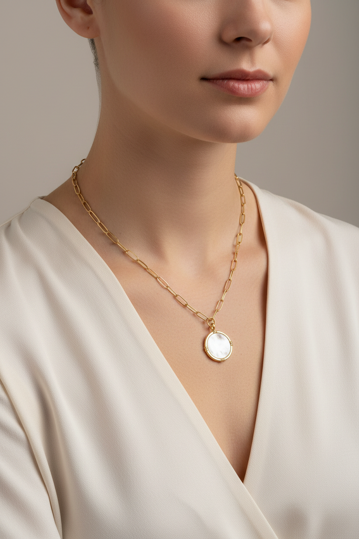 ROUND MOTHER OF PEARL ON GOLD PAPERCLIP CHAIN NECKLACE