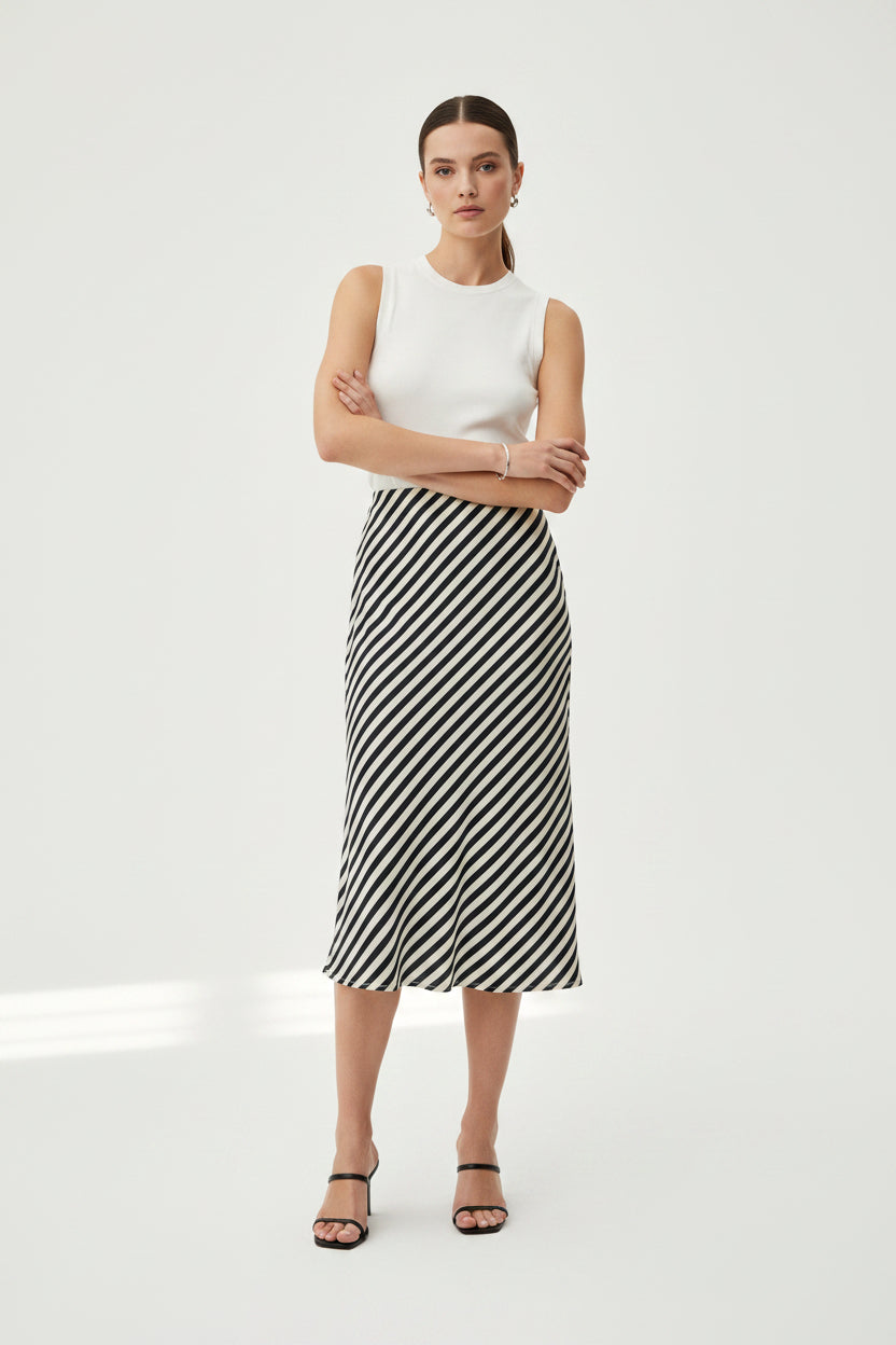 STRIPE SATIN BIAS MIDI SKIRT
