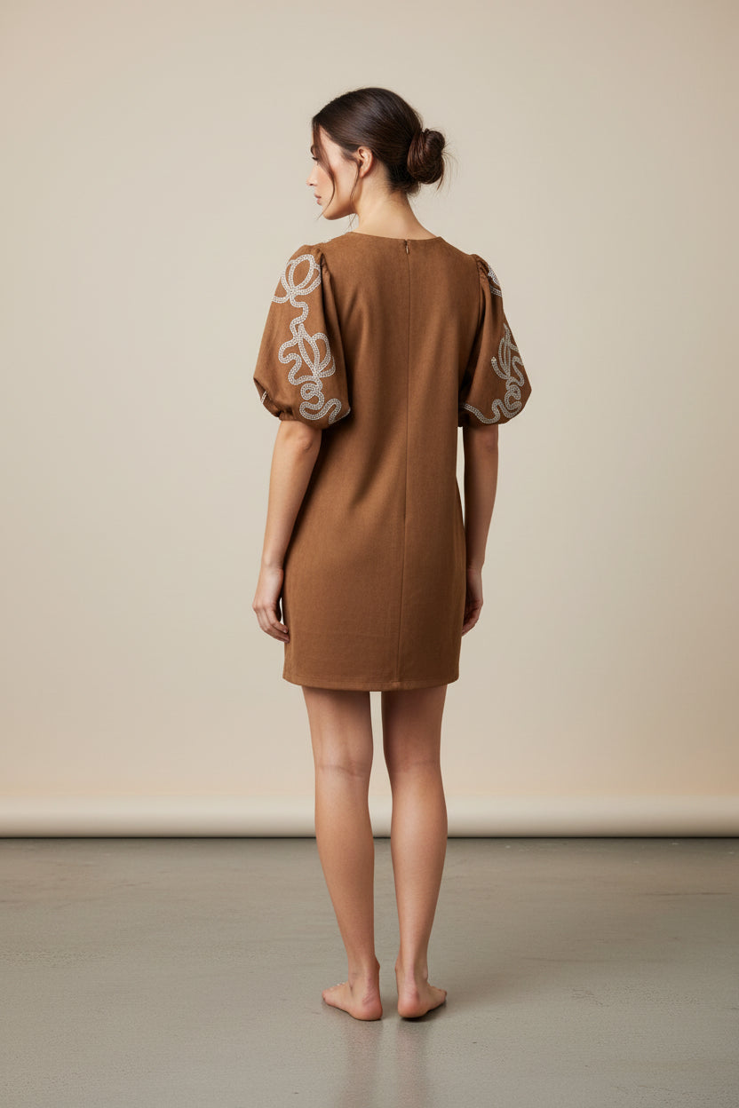 PUFF SLEEVE EMBROIDERED DETAIL V-NECK DRESS