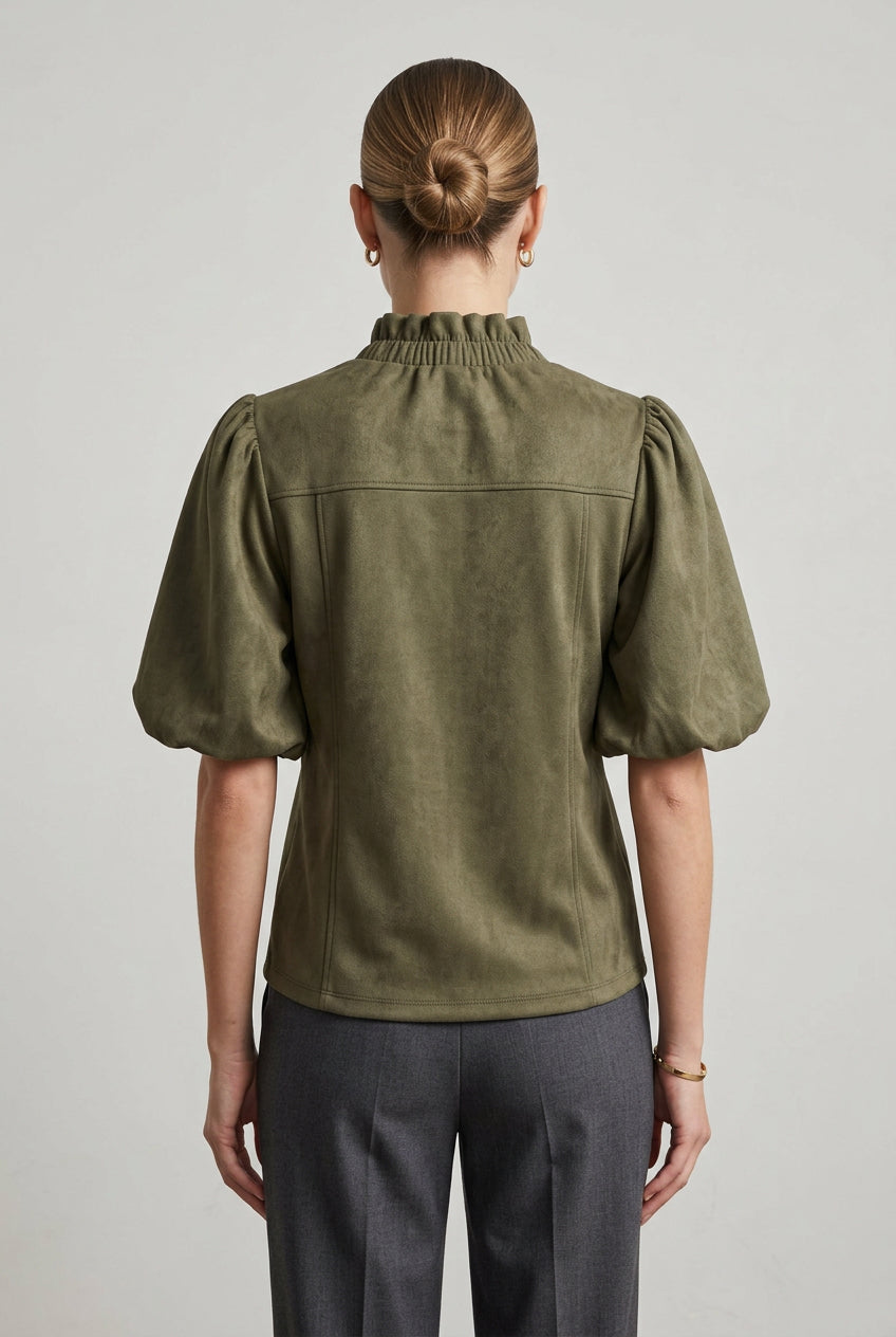 SUEDE TOP WITH LEATHER BAND AND GOLD BUTTONS