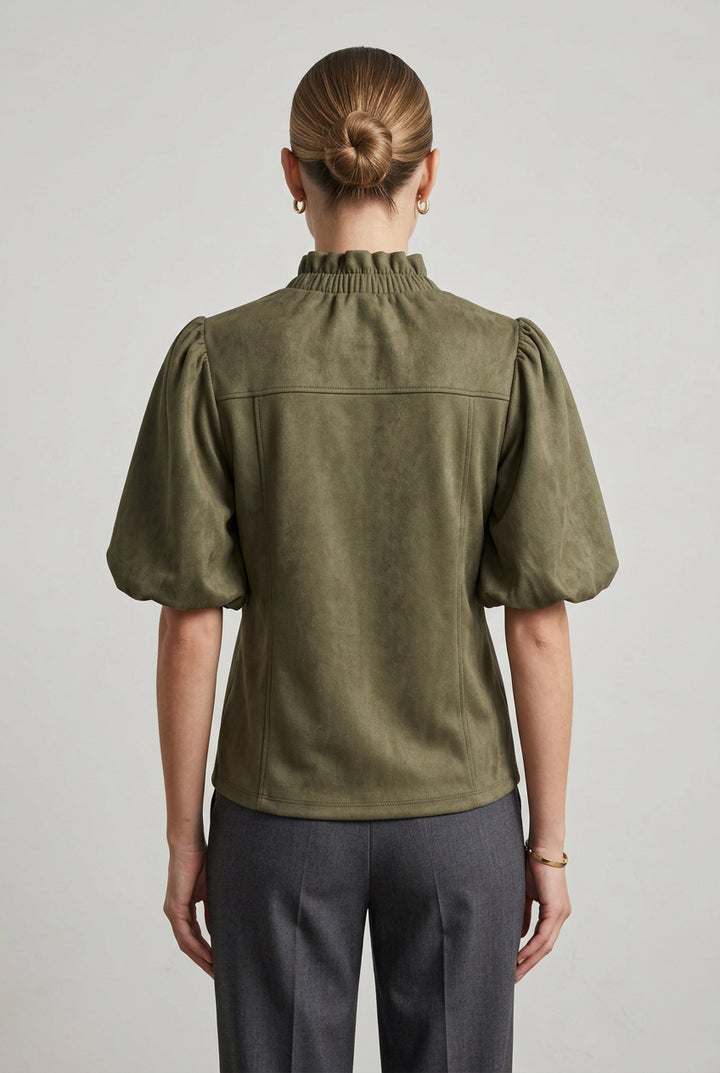 SUEDE TOP WITH LEATHER BAND AND GOLD BUTTONS