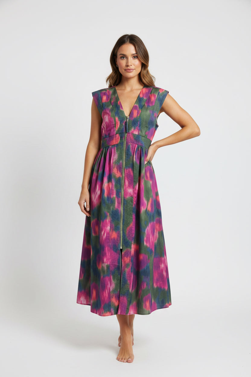 CAP SLEEVE FRONT ZIPPER MIDI DRESS