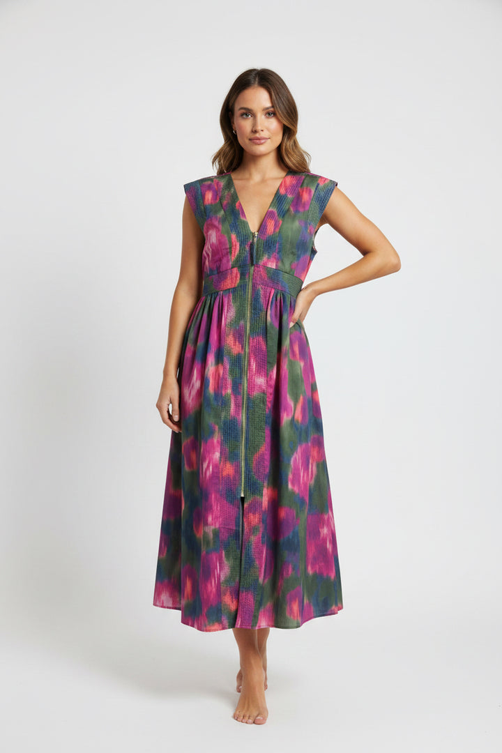 CAP SLEEVE FRONT ZIPPER MIDI DRESS