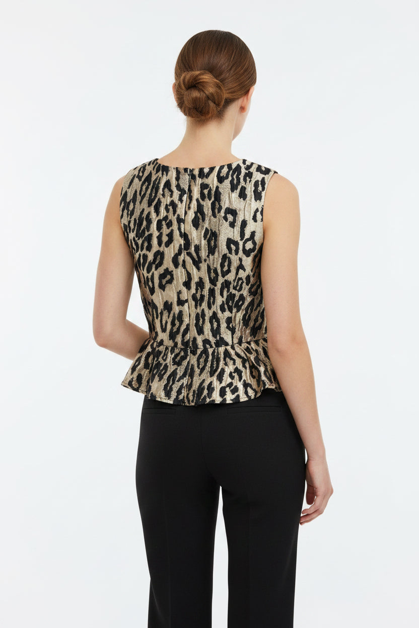 METALLIC LEOPARD JACQUARD PEPLUM TOP