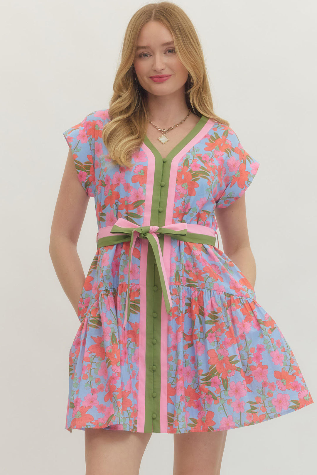 BELTED FLORAL DRESS WITH STRIPED BELT