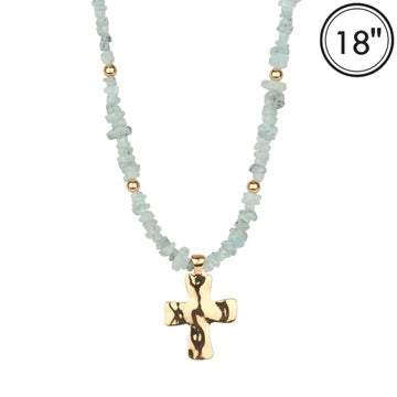 Natural Stone with Shiny Gold Cross 16"-18" Necklace