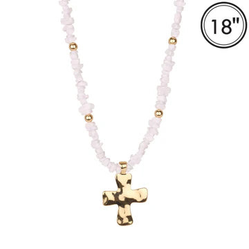 Natural Stone with Shiny Gold Cross 16"-18" Necklace