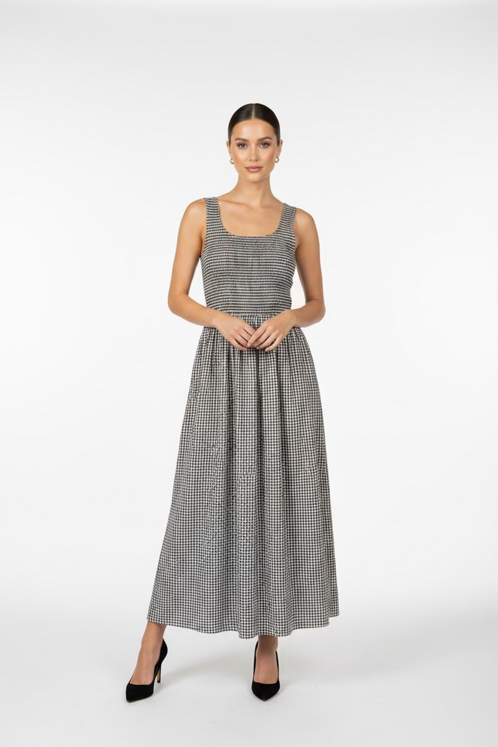 SLEEVELESS SMOCKED GINGHAM PRINT DRESS