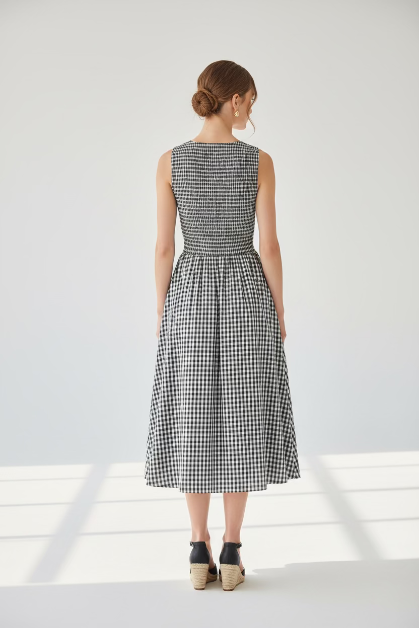 SLEEVELESS SMOCKED GINGHAM PRINT DRESS