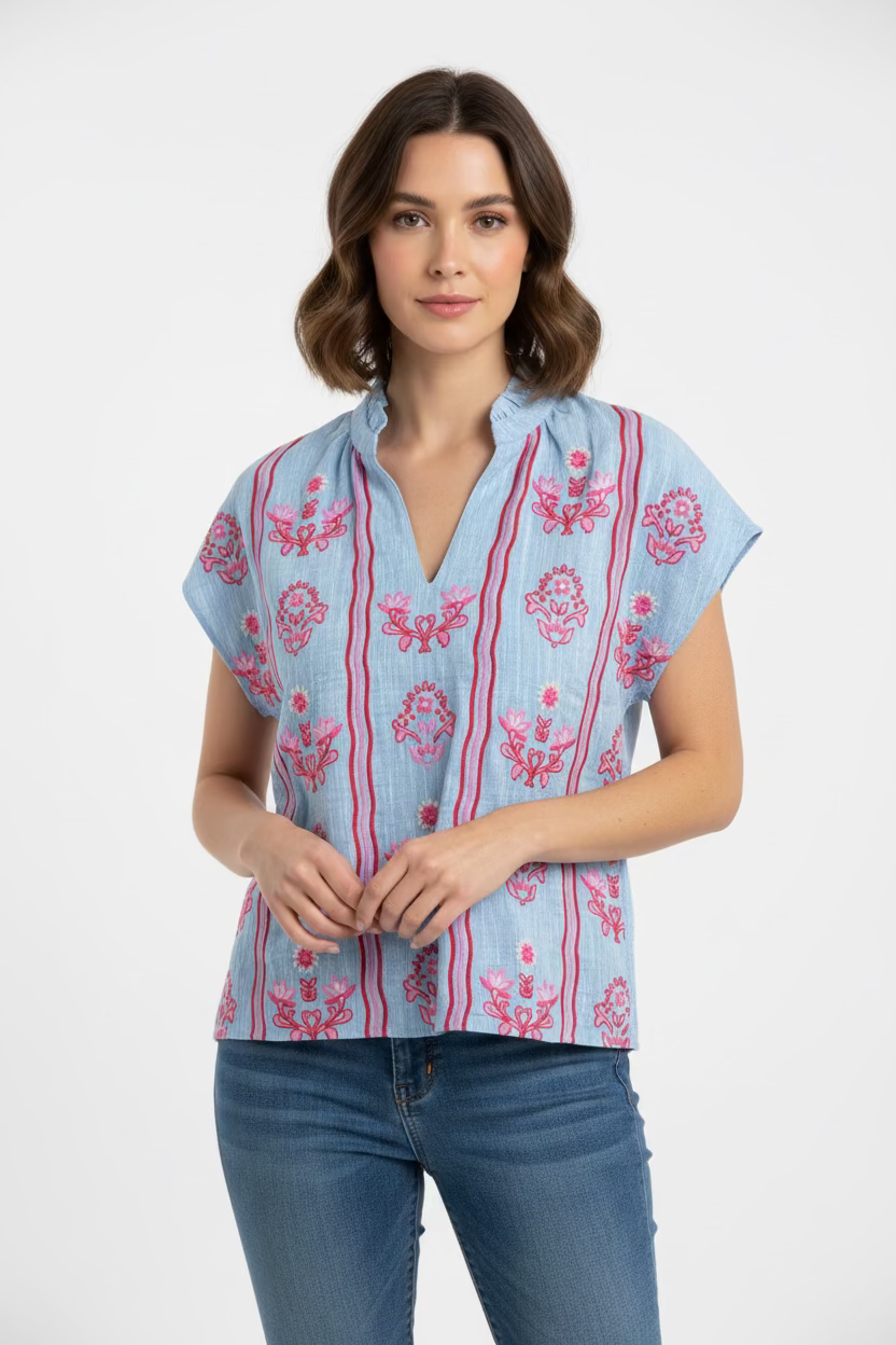 FLOWER EMBROIDERED TEXTURED TOP