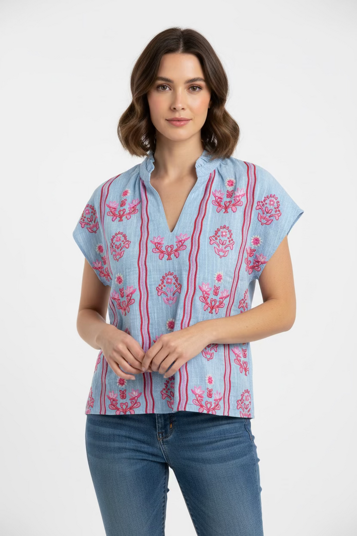 FLOWER EMBROIDERED TEXTURED TOP
