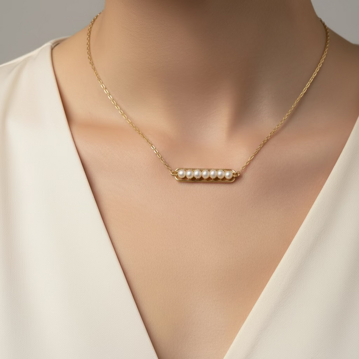 Gold Bar White Freshwater Pearl Necklace