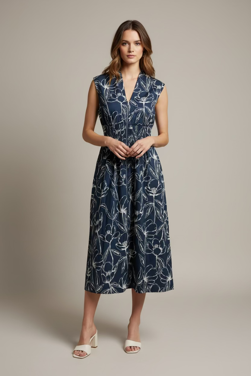 SMOCKED WAIST FRONT ZIP MIDI DRESS WITH POCKETS