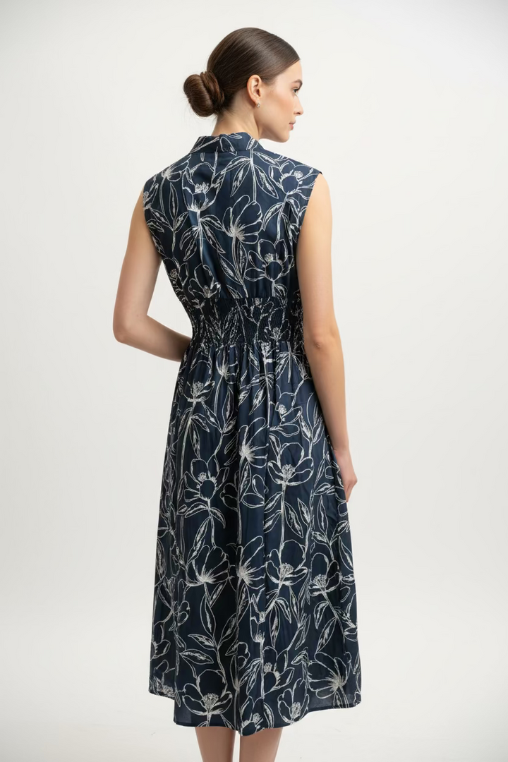 SMOCKED WAIST FRONT ZIP MIDI DRESS WITH POCKETS