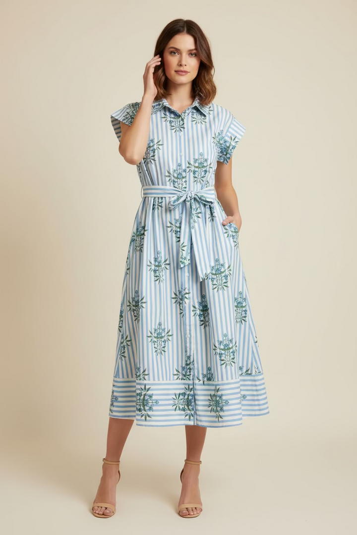 BUTTON DOWN PRINTED MIDI DRESS WITH POCKETS