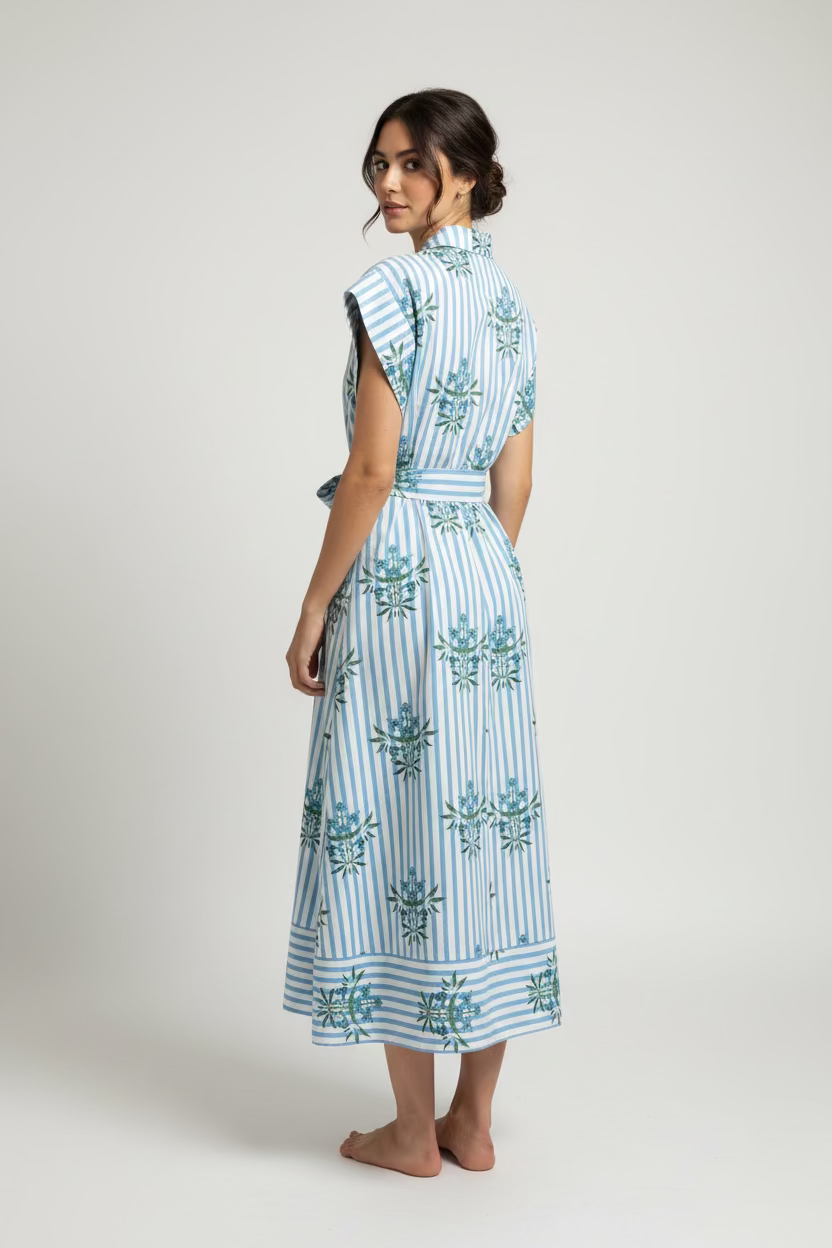 BUTTON DOWN PRINTED MIDI DRESS WITH POCKETS