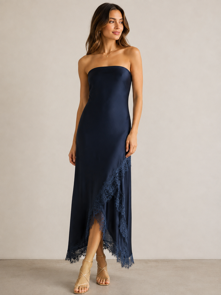 STRAPLESS MIDI DRESS WITH LACE ACCENT