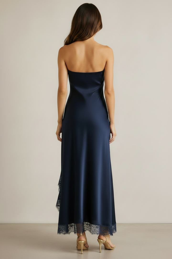 STRAPLESS MIDI DRESS WITH LACE ACCENT
