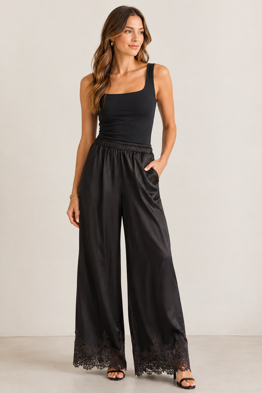 ELASTIC WAIST LACE TRIM WIDE LEG PANTS