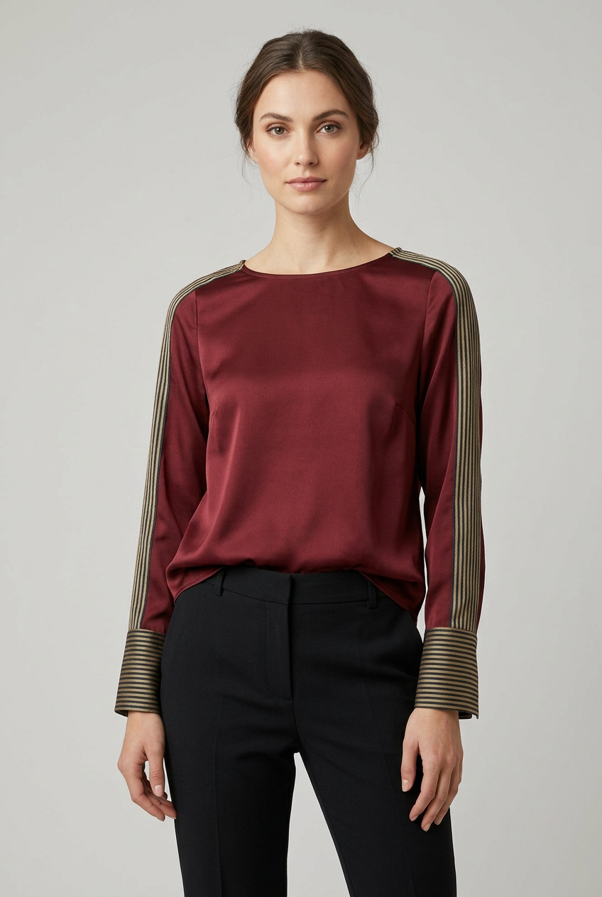SATIN LONG SLEEVE TOP WITH STRIPE DETAIL